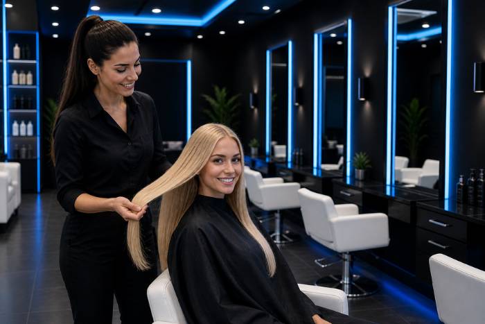 ArganOil Nano Shot professional salon hair treatment with stylist working on healthy blonde hair