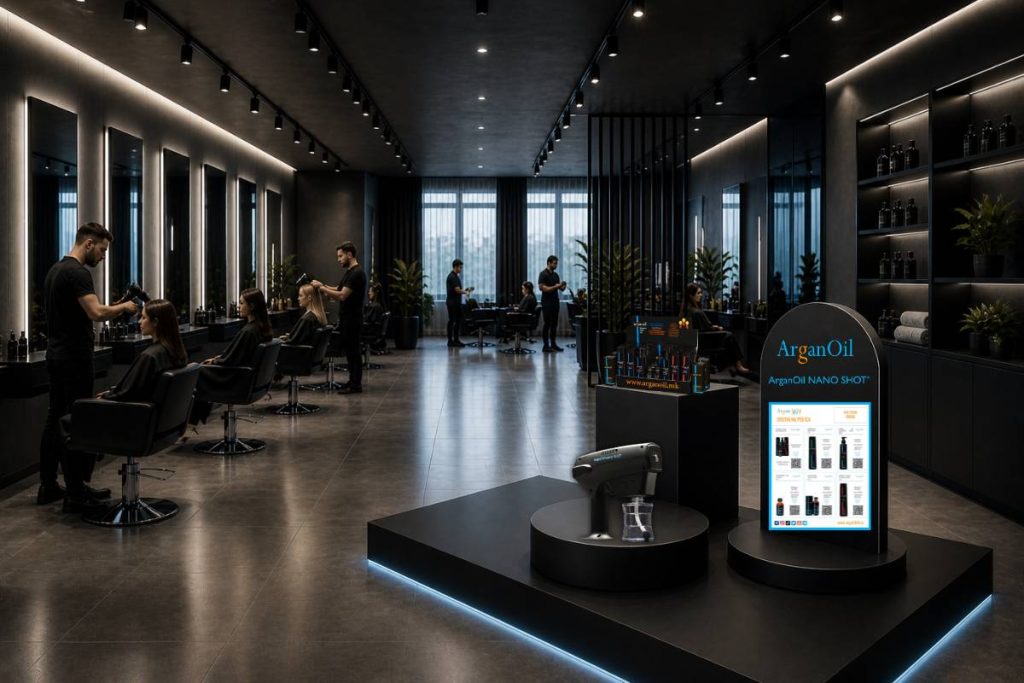 ArganOil Nano Shot professional salon system with stylists working and product display space for device and products