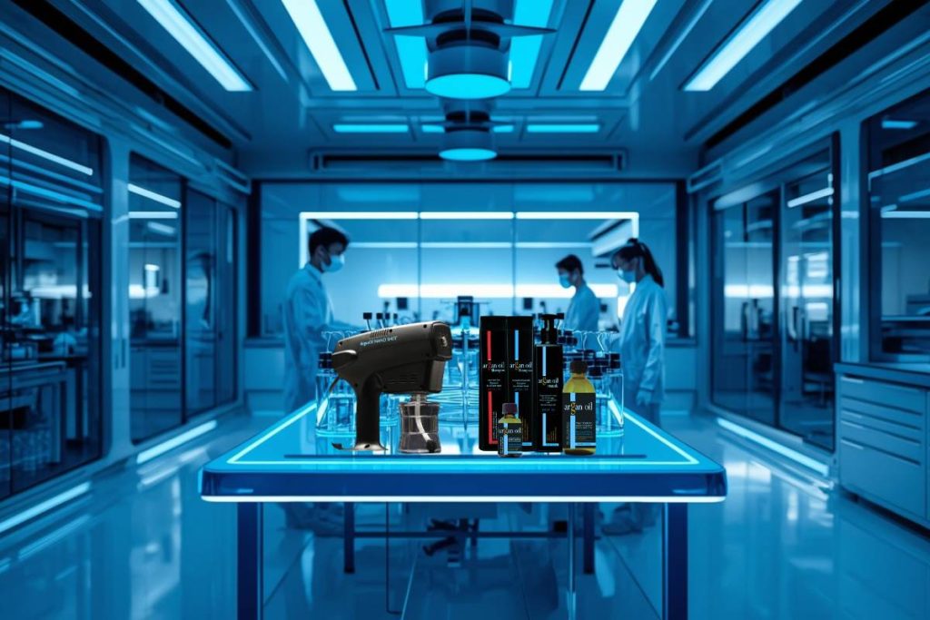 ArganOil NANO SHOT device and professional haircare products displayed in a modern laboratory environment with advanced cosmetic technology setting